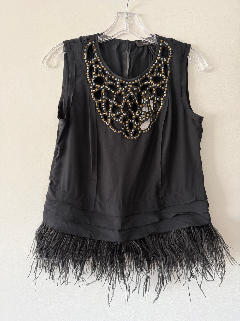 BCBGMAXAZRIA Dracey 100% Silk Ostrich Feather Hem Sequin Bib Black Top XS NWT